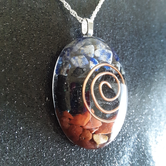 Sterling lapis, jasper, tourmaline orgone necklace - Picture 4 of 6